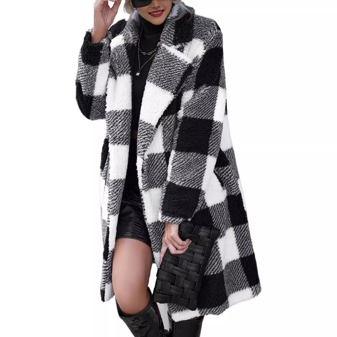 Women’s Plaid Lapel Long Coat – Loose Non-Buckle Trench Overcoat
