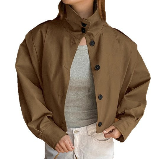 Basic Jacket Women’s Khaki Lapel Long Coat – Simple Single-Breasted Office Jacket