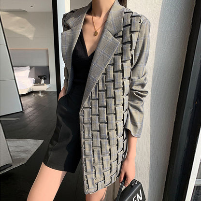 Basic Jacket Women’s Retro Plaid Suit Jacket – Loose Fit Street Style Office Jacket