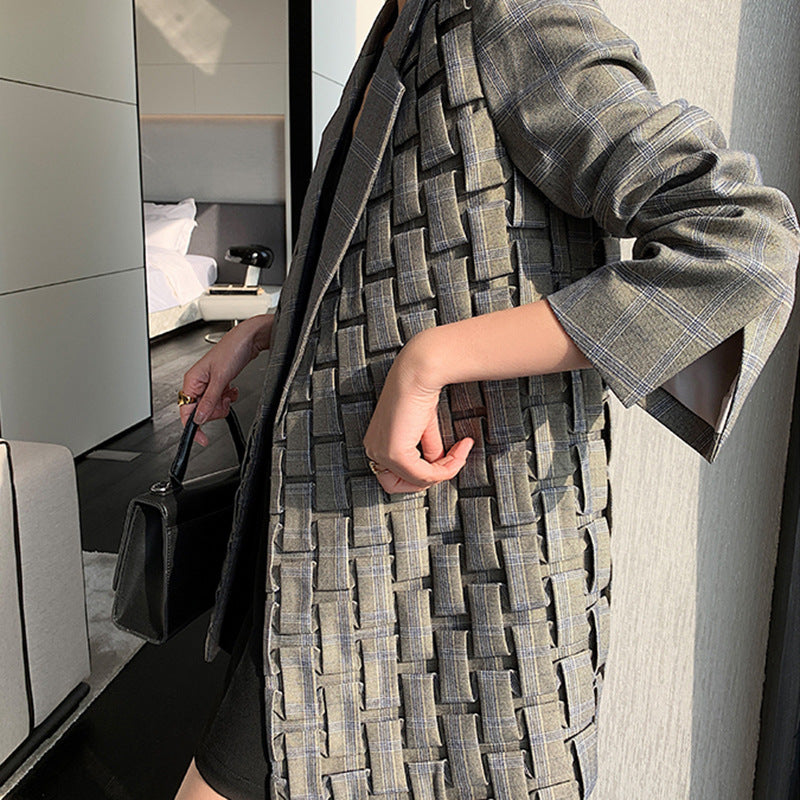 Basic Jacket Women’s Retro Plaid Suit Jacket – Loose Fit Street Style Office Jacket