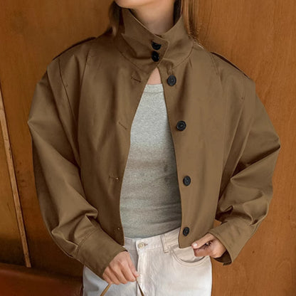 Basic Jacket Women’s Khaki Lapel Long Coat – Simple Single-Breasted Office Jacket