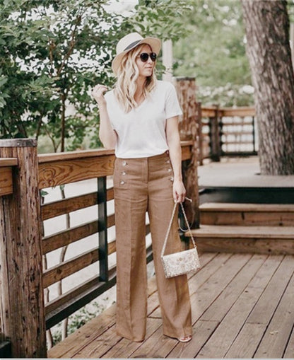 Women’s High Waist Button Wide Leg Cotton Trousers