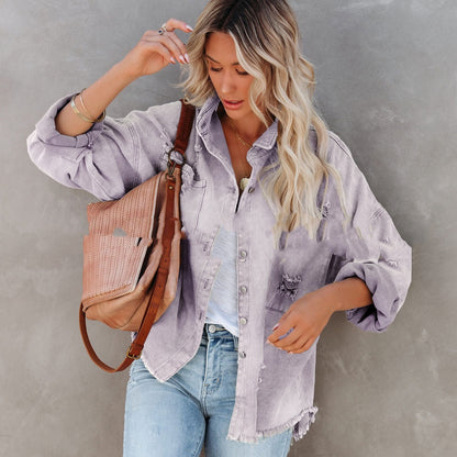 Basic Jacket Women’s Raw Hem Ripped Denim Coat – Loose Fit Casual Office Jacket