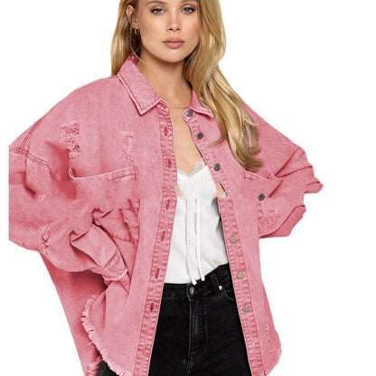 Basic Jacket Women’s Raw Hem Ripped Denim Coat – Loose Fit Casual Office Jacket