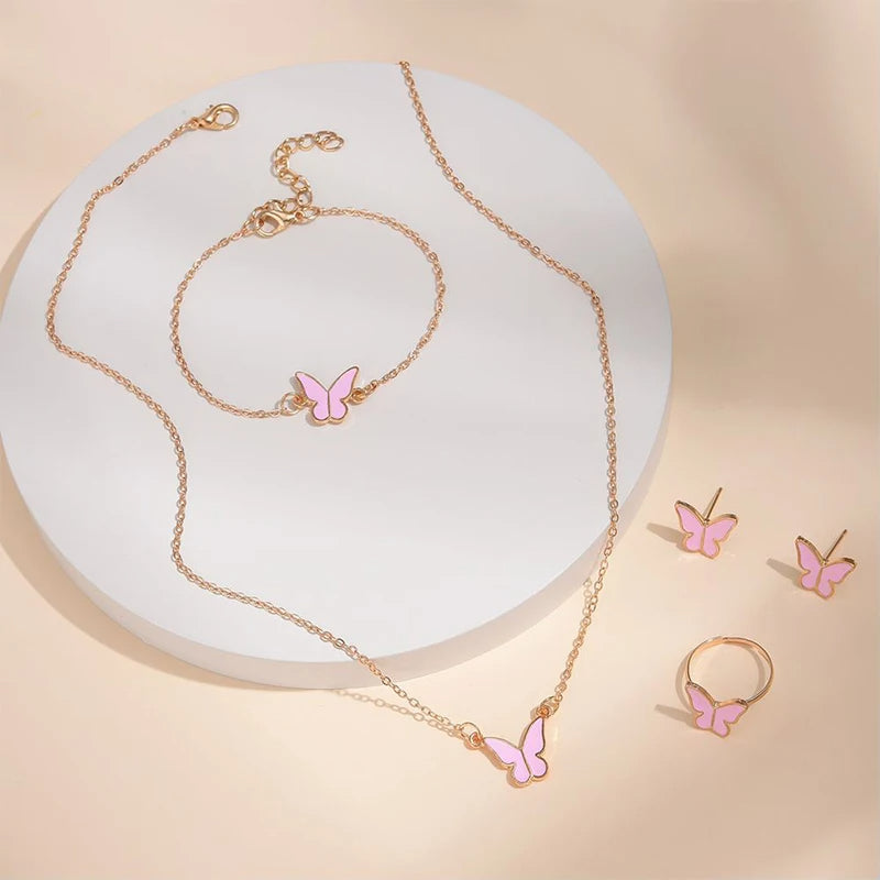 5PCS Butterfly Jewellery Set for Women – Necklace, Earrings, Ring & Bracelet | Bridal Wedding Party Gift | Gold & Silver Plated Fashion Jewellery