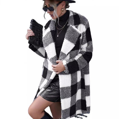 Women’s Plaid Lapel Long Coat – Loose Non-Buckle Trench Overcoat