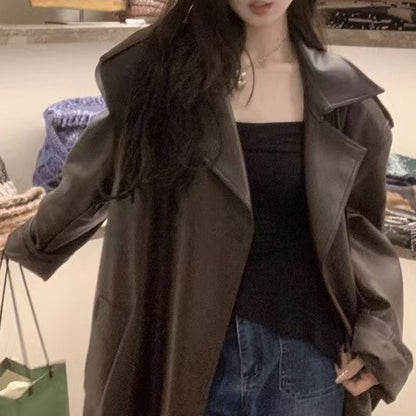 Women Trench Korean Style Mid-Length Leather Windbreaker Coat – Quilted Casual Jacket