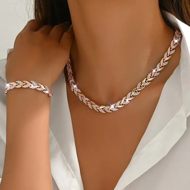 Women’s Leaf Rhinestone Necklace & Bracelet Set – Elegant Gold Jewellery Gift Set UK