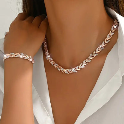 Women’s Leaf Rhinestone Necklace & Bracelet Set – Elegant Gold Jewellery Gift Set UK