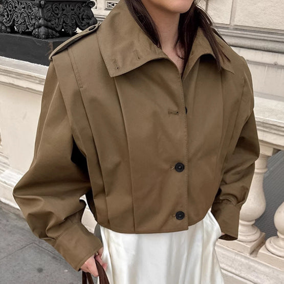 Basic Jacket Women’s Khaki Lapel Long Coat – Simple Single-Breasted Office Jacket