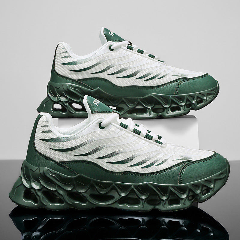 Green and white sneakers on a reflective surface with a gray background